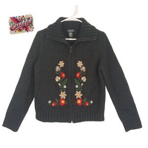 New York & Co Black Wool Blend Floral Embroidered Zip Sweater M